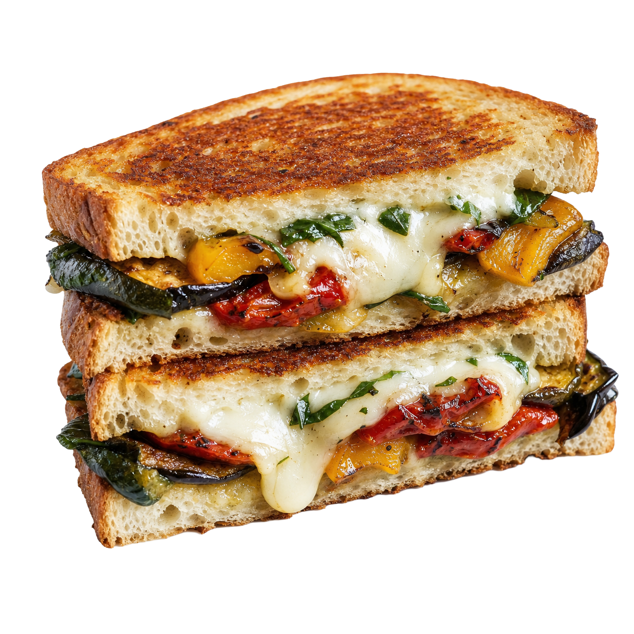 Grilled Remy signature sandwich with melted cheese and roasted vegetables